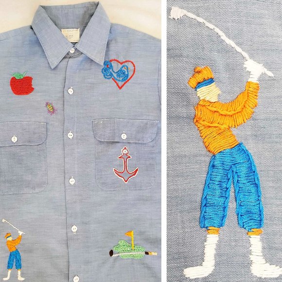 Vintage JC Penny Big Mac Mens Chambray Custom Hand Embroidered Golf Shirt - Picture 1 of 9